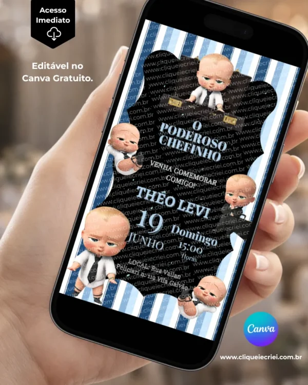 Convite O Poderoso Chefinho editável no Canva com fundo preto e branco, listras verticais, ilustrações do personagem O Poderoso Chefinho em diferentes posições e detalhes em azul-claro.
