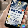Convite Real Madrid editável no Canva com escudo do clube, fundo azul e branco, elementos de futebol.