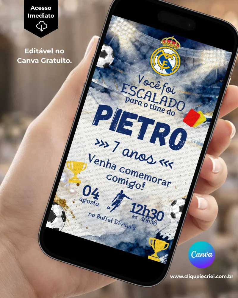 Convite Real Madrid editável no Canva com escudo do clube, fundo azul e branco, elementos de futebol.
