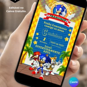 Convite Sonic editável no Canva com fundo azul e amarelo, moldura decorativa, Sonic na parte superior, Sonic, Tails e Knuckles na parte inferior, estrelas, palmeiras e elementos tropicais.