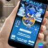 Convite Sonic editável no Canva gratuito com fundo azul, efeitos de energia e raios, Sonic ao centro, anéis dourados e elementos inspirados em velocidade e corrida.