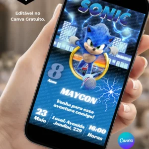 Convite Sonic editável no Canva gratuito com fundo azul, efeitos de energia e raios, Sonic ao centro, anéis dourados e elementos inspirados em velocidade e corrida.