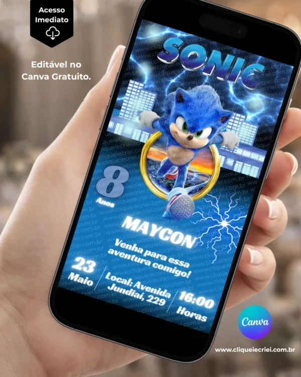Convite Sonic editável no Canva gratuito com fundo azul, efeitos de energia e raios, Sonic ao centro, anéis dourados e elementos inspirados em velocidade e corrida.