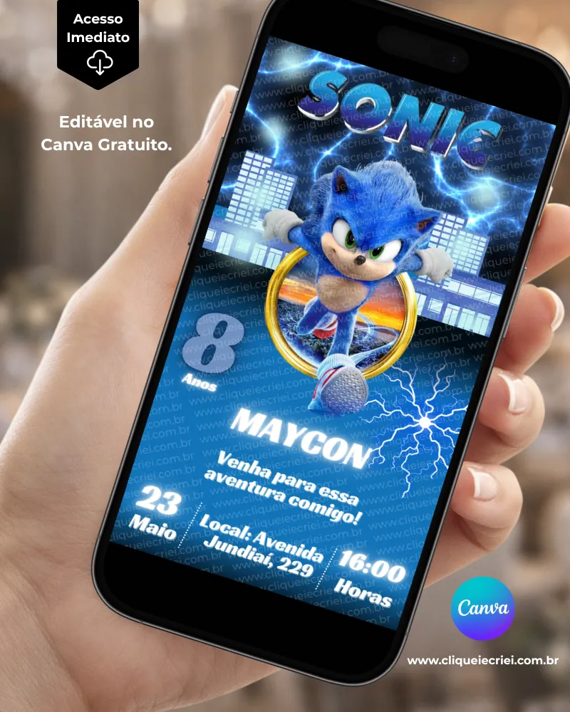 Convite Sonic editável no Canva gratuito com fundo azul, efeitos de energia e raios, Sonic ao centro, anéis dourados e elementos inspirados em velocidade e corrida.