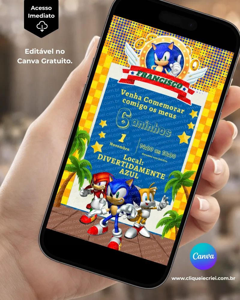 Convite Sonic editável no Canva com fundo azul e amarelo, moldura decorativa, Sonic na parte superior, Sonic, Tails e Knuckles na parte inferior, estrelas, palmeiras e elementos tropicais.