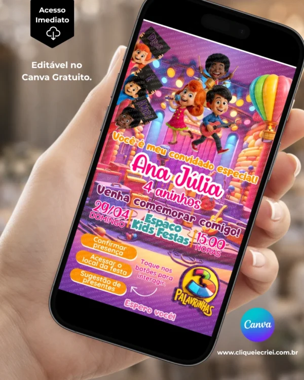 Convite 3 Palavrinhas com Sugestão de Presente, editável no Canva, apresentado em um celular com personagens infantis, informações da festa e opções de confirmação de presença, acesso ao local e sugestão de presente.