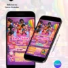 Convite 3 Palavrinhas com Sugestão de Presente página interna, editável no Canva, apresentado em dois celulares, com informações da festa, opções de confirmação de presença, acesso ao local e sugestão de presente.