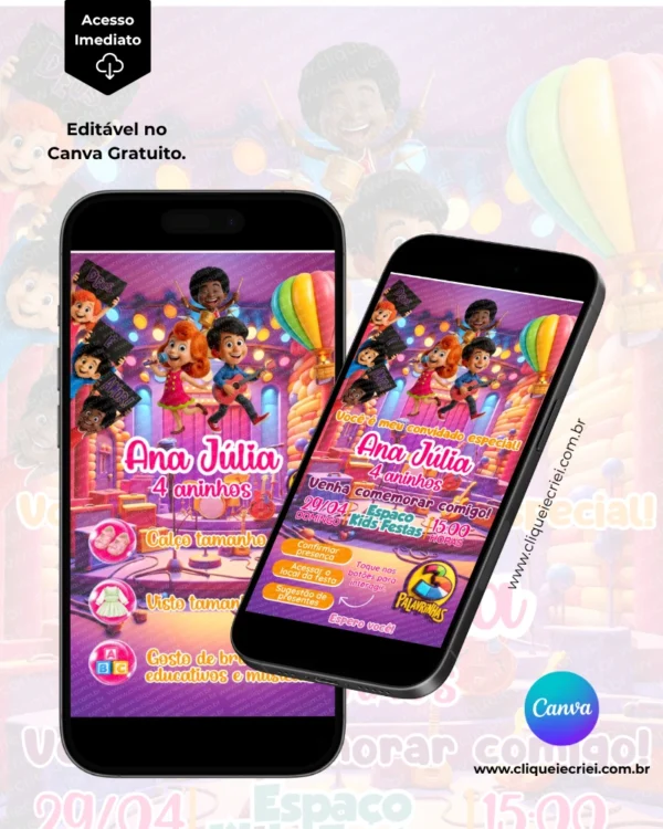 Convite 3 Palavrinhas com Sugestão de Presente página interna, editável no Canva, apresentado em dois celulares, com informações da festa, opções de confirmação de presença, acesso ao local e sugestão de presente.