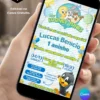 Convite Baby Looney Tunes com Sugestão de Presente editável no Canva, convite infantil digital com personagens Baby Looney Tunes, informações da festa e botões para confirmação de presença, acesso ao local e sugestão de presente.