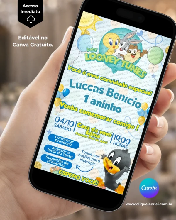 Convite Baby Looney Tunes com Sugestão de Presente editável no Canva, convite infantil digital com personagens Baby Looney Tunes, informações da festa e botões para confirmação de presença, acesso ao local e sugestão de presente.