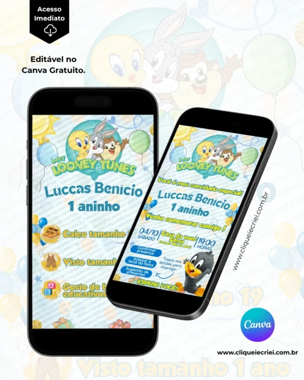 Convite Baby Looney Tunes com Sugestão de Presente página interna, modelo de convite infantil digital editável no Canva, com personagens Baby Looney Tunes e espaço para informar tamanhos de roupas, calçados e preferências de presentes.
