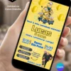 Convite Minions com Sugestão de Presente editável no Canva, convite infantil digital com personagens Minions, informações da festa e botões para confirmação de presença, acesso ao local e sugestão de presente.
