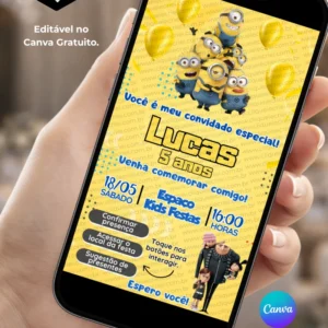 Convite Minions com Sugestão de Presente editável no Canva, convite infantil digital com personagens Minions, informações da festa e botões para confirmação de presença, acesso ao local e sugestão de presente.