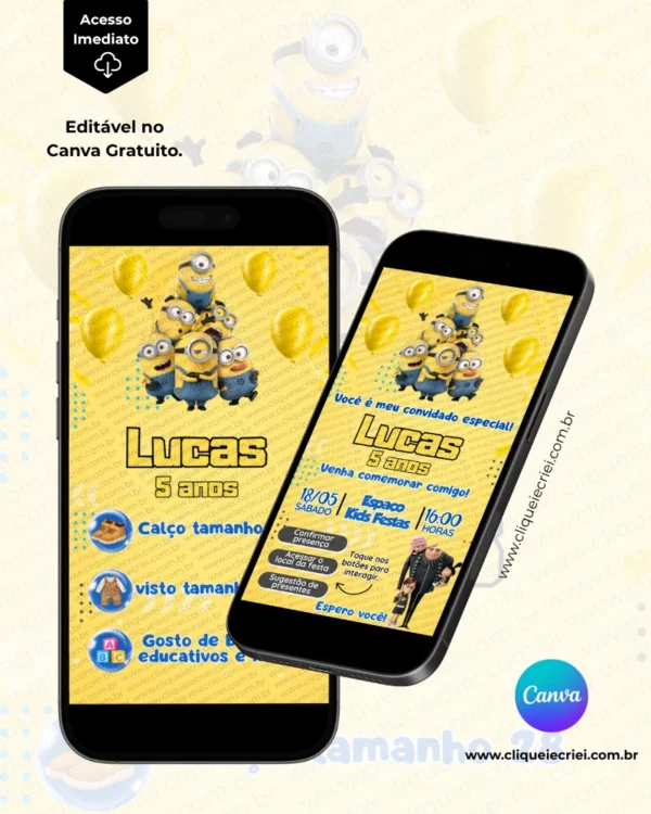 Convite Minions com Sugestão de Presente página interna editável no Canva, mostrando a página interna do convite infantil com informações sobre tamanho de roupa, calçado e preferências de presentes.