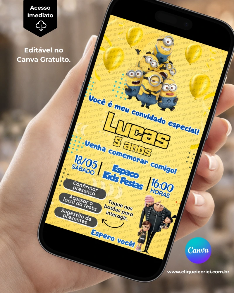 Convite Minions com Sugestão de Presente editável no Canva, convite infantil digital com personagens Minions, informações da festa e botões para confirmação de presença, acesso ao local e sugestão de presente.