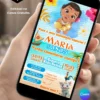 Convite Moana Baby com Sugestão de Presente editável no Canva, modelo de convite infantil digital com tema Moana Baby, personagem Moana, elementos tropicais, flores, cores azul e laranja, informações da festa e botão de sugestão de presente.