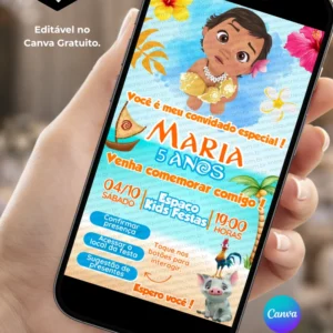 Convite Moana Baby com Sugestão de Presente editável no Canva, modelo de convite infantil digital com tema Moana Baby, personagem Moana, elementos tropicais, flores, cores azul e laranja, informações da festa e botão de sugestão de presente.