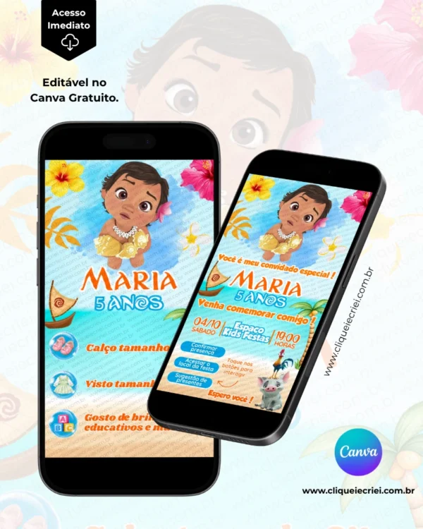 Convite Moana Baby com Sugestão de Presente página interna, modelo de convite infantil digital editável no Canva, com informações sobre tamanho de calçado, tamanho de roupa e preferências de presentes.