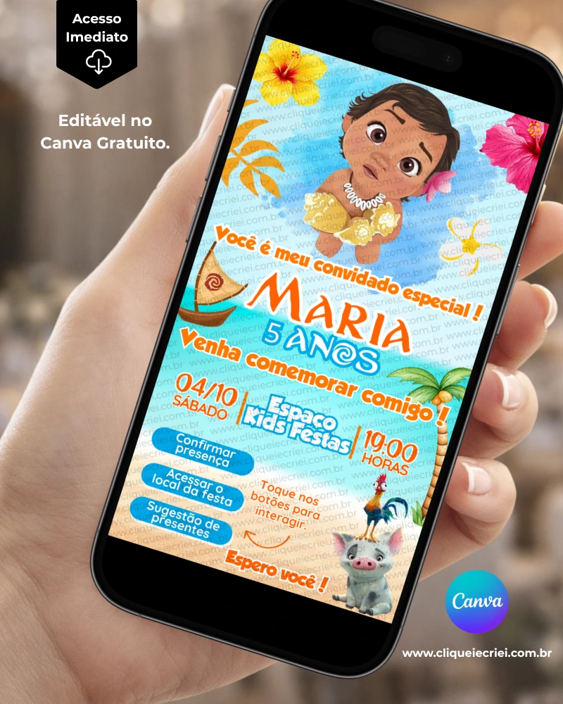 Convite Moana Baby com Sugestão de Presente editável no Canva, modelo de convite infantil digital com tema Moana Baby, personagem Moana, elementos tropicais, flores, cores azul e laranja, informações da festa e botão de sugestão de presente.