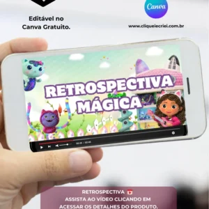 Imagem de um frame da Retrospectiva A Casa Mágica da Gabby para Editar no Canva exibida em um celular, com indicação de acesso imediato.