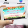 Imagem de apresentação de retrospectiva Moana para editar no Canva, exibida em um celular. O vídeo apresenta uma abertura com o texto “Retrospectiva Especial de Aniversário!”, com fundo de praia, mar azul, areia, flores tropicais, folhagens e estrelas-do-mar.